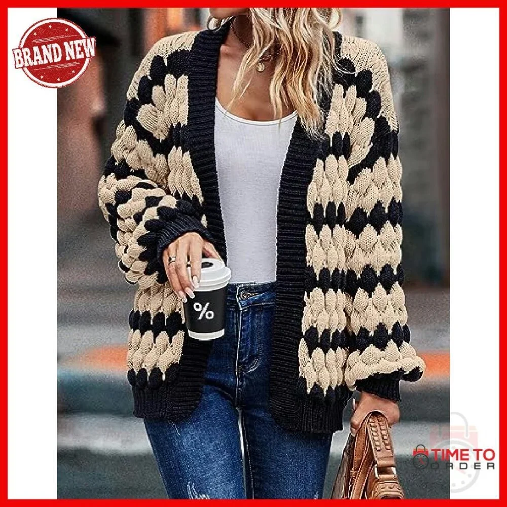 Chunky Knit Cardigan Open Front Lantern Sleeve Winter Sweater Cozy
